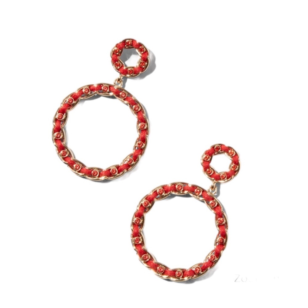 RED THREADED OPEN HOOP 2" DROP EARRINGS